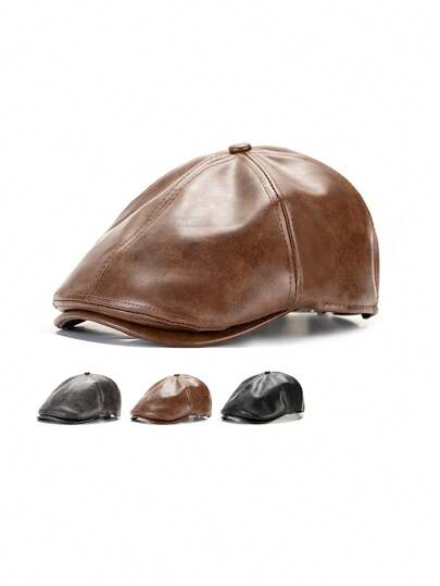 1 pieza Gorra de estilo retro de unicolor de cuero PU, sombrero de artista de estilo británico vintage ajustable