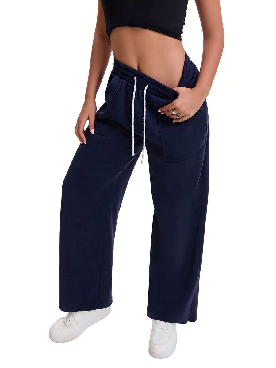 Women's Navy Blue Wide Leg Sweatpants, High Waisted Drawstring Sporty Joggers With Pockets, Comfy Loose Fit Athletic Pants For Workout & Street Style - Navy Blue - View 1