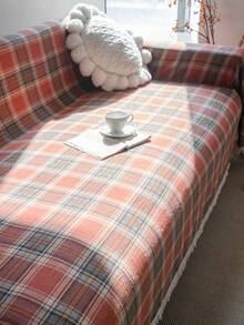 1pc Christmas Plaid Sofa Cover With Tassels, Green Vintage Farmhouse Style Sofa Throw Blanket, Thick & Durable Sofa Protector For Pet, Perfect For Christmas Holiday Family Gathering, Living Room, Bedroom, Office