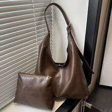 Korean Minimalist Casual Pu Tote Bag Combination Bag, Autumn And Winter Retro All-In-One Shoulder Tote Bag, With Change Bag Mother Bag, Large Capacity Commute Shopping Bag. Women's Shoulder Bag Casual Wallet Set. New Large-Capacity Leather Handbag. Purses And Bags Women - 咖色 - 查看 9