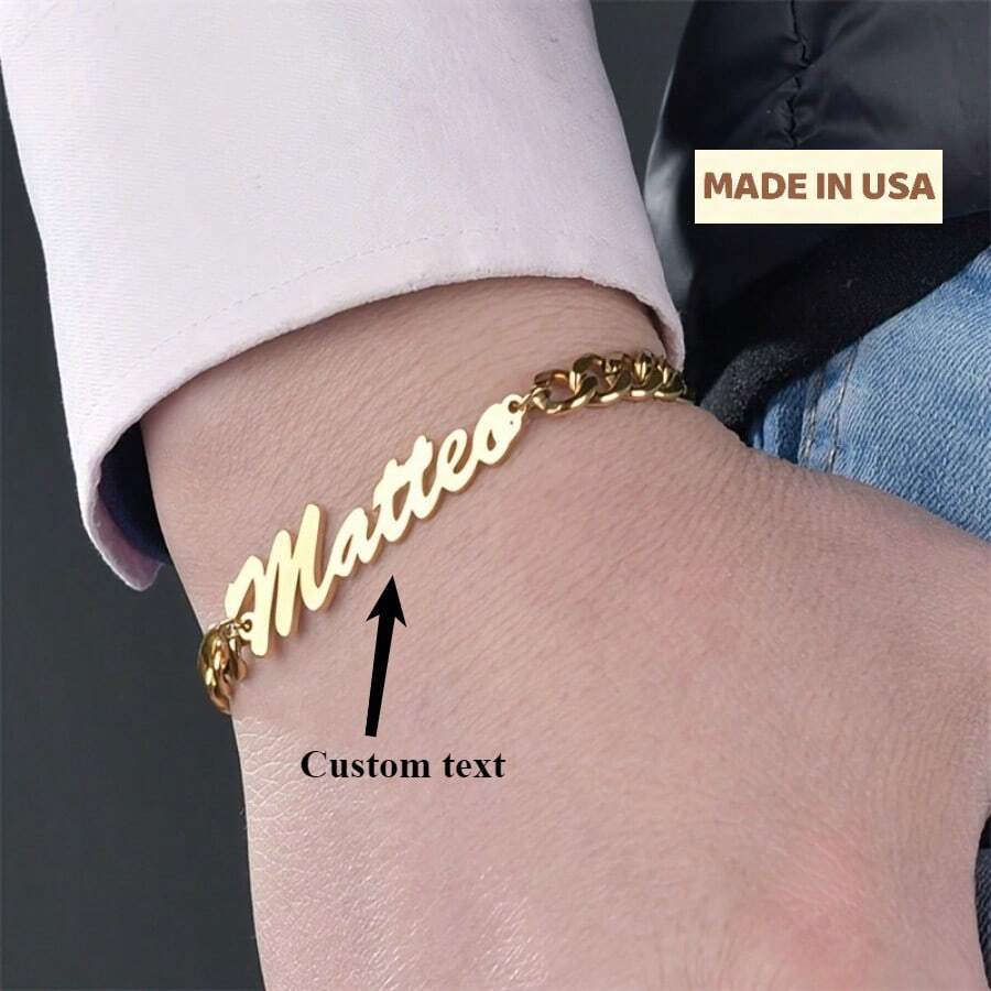 Customized Name Bracelet Men's Cuban Chain Personalized Stainless Steel Adjustable Charm Bracelet Customized Gold Name Label Jewelry Couple Commemorative Gift For Boyfriend's Birthday Gift - Multicolor - View 1