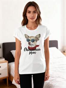 Chihuahua Letter Print Fun T-Shirt - Women's Casual Summer Top - Animal Pattern - Knit Fabric - Round Neckline - All Seasons - White - View 1