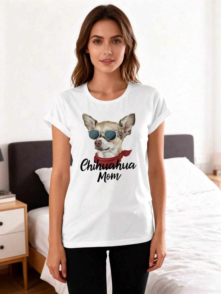 Chihuahua Letter Print Fun T-Shirt - Women's Casual Summer Top - Animal Pattern - Knit Fabric - Round Neckline - All Seasons - White - View 1
