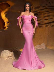 女士露肩蝴蝶结美人鱼晚礼服，采用弹力轻盈面料制成 - 春夏正式派对礼服 - 粉色 - 查看 8