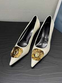 Giày cao gót mũi nhọn đế mỏng mới 2025, giày lười đế thấp có khóa kim loại, giày công sở đế giữa thanh lịch, đa năng dành cho nữ - trắng - Xem 3