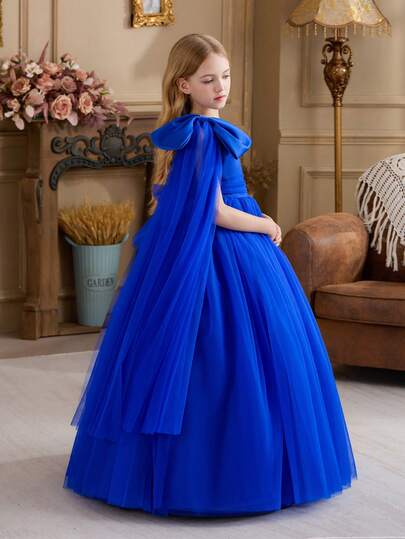 Vestido elegante de fiesta de Navidad con un hombro, lazo y tul en azul real para niña preadolescente, vestido de princesa adecuado como regalo de cumpleaños, para fiestas, bodas, Acción de Gracias, graduación