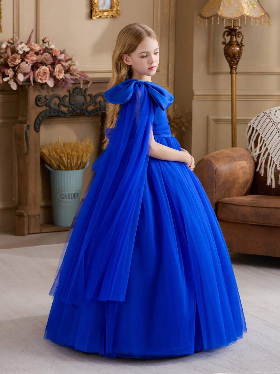 少女皇家蓝单肩薄纱蝴蝶结优雅圣诞派对礼服，公主裙，适合女孩生日礼物、派对、婚礼、感恩节、毕业典礼等场合