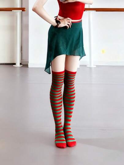1双洛丽塔风格条纹圣诞过膝袜，适合运动、派对、日常穿着，Y2K风格