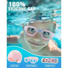 Swim Goggles With Silicone Swim Cap, Swimming Goggles Cap Set 6 - 14, Anti - Fog Anti - - 粉紅色/藍色+粉紅色帽子 - 查看 8