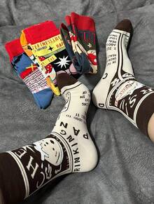 6/12 pares de calcetines de media caña para hombres con dibujos animados divertidos y personalizados, de patrones multicolor, adecuados para todo el año, cómodos, transpirables, duraderos, coloridos, aptos para uso diario, de tela premium, sin sudor, calcetines de otoño Poliéster - Blanco y Negro - Ver 4