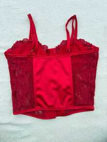 Cropped Corset With Front Opening And Closure, Simple Lace Corset For Evening Wear. - Đỏ - Xem 2