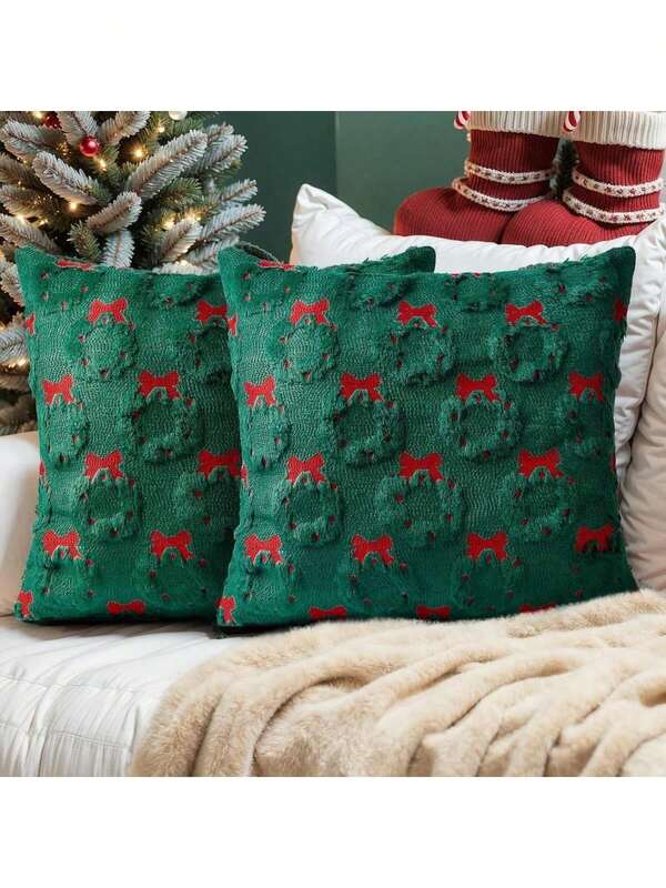 1pc Christmas Decor Green Soft Faux Fur Pillow Cover, Embroidered Christmas Wreath Design, Suitable For Sofa, Living Room, Holiday Season, Does Not Include Pillow Insert