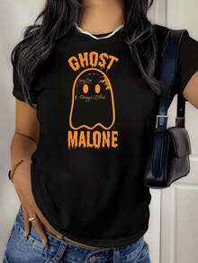Talla Grande - Talla Grande - Talla Grande, Camiseta Gráfica de Fantasma Malone para Mujer de Talla Grande - Negra con Letras Naranjas - Cuello Redondo Casual para el Día a Día y Disfraz de Halloween - Camiseta Suave Esencial para el Día a Día para Mujer, Moda de Temporada, Diseño de Moda, Ajuste Cómodo, Top de Manga Corta, Amantes de la Moda - Negro - Ver 2