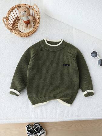 1 pieza Jersey de punto grueso con cuello redondo para niños, nueva colección de otoño, parte superior de punto casual con logotipo bordado gris para niños y jóvenes