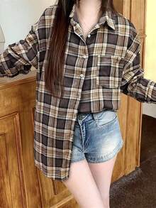 女士休闲通勤日常格子早餐衬衫，春秋季 - 駝色 - 查看 5