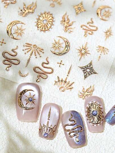 1 قطعة ملصقات فن الأظافر المنقوشة بارتفاع 5D بنقوش الشمس والقمر والنجوم، ملصقات فنية زخرفية للنساء المهتمات بالجمال لإبراز جاذبية أظافرهن، أدوات صالون الأظافر DIY للمبتدئين وهواة فن الأظافر، مناسبة للمواعيد والرحلات والمناسبات والأعياد