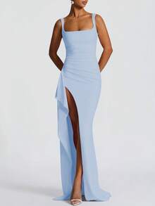 Women Elegant Sexy Slit Sexy Bodycon Modest Spring Summer Party Evening Festival Vacation Blue Long Dress - Blue - View 3