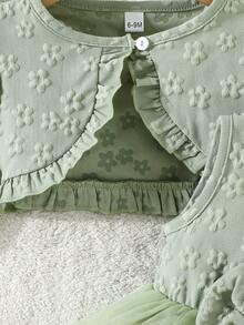 2件套女婴休闲雪花图案开衫外套和蝴蝶结网纱连衣裙套装 - 綠色 - 查看 6