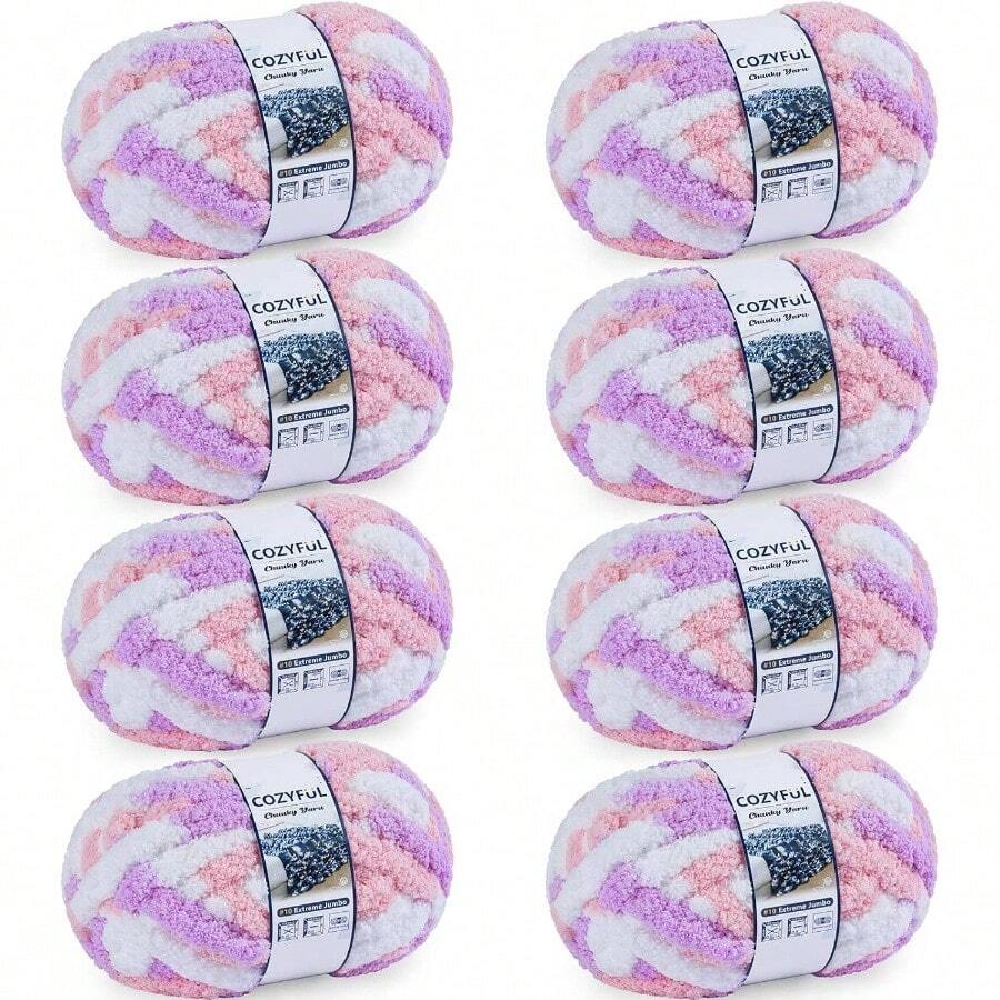 Chunky Yarn Hand Knitting - #10 Chunky Chenille Blanket Yarn, Jumbo Big Thick Chunky Yarns Crocheting, Tie Dye Bulky Knit Yarns, 8 Skein 25 Yds 8 Oz Each Skein SageKhaki - 8個裝+紫色&粉紅色&白色 - 查看 1