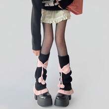 A Pair Of Fashionable And Exquisite Knitted Bowknot Autumn And Winter Leg Warmers For Women With Cute Pom-Poms - 黑+粉蝴蝶結 - 查看 6