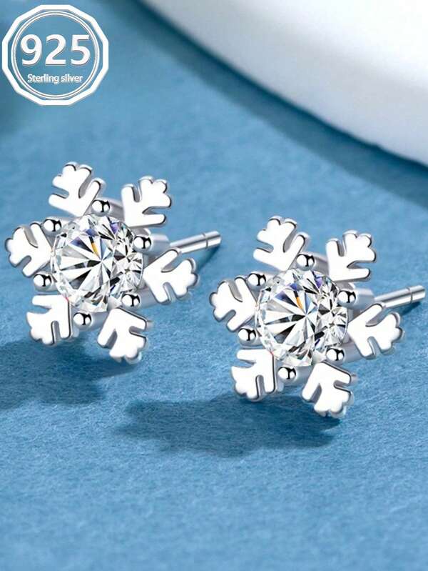 S925 Silver Cubic Zirconia Snowflake Stud Earrings, Minimalist & Elegant Design, Christmas Gift For Girlfriend
