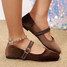 Pantofi Mary Jane cu vârful pătrat și talpă joasă, din piele întoarsă franceză, cu bareta, pentru femei, stil nou, potriviți cu rochii, balerini