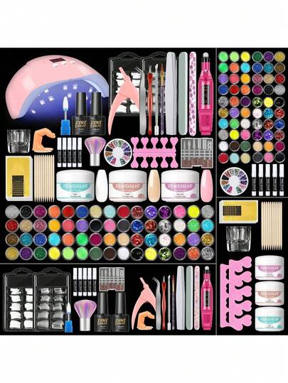 peacecolor 35pcs Acrylic Nail Art Kit, Includes UV Lamp And Nail Drill, Transparent Nude & Deep Pink Acrylic Powder Set, Base Gel, Top Coat, Nail Glue, Nail Decorations, Manicure Tools And Accessories, DIY Acrylic Nail Christmas Gift For Women