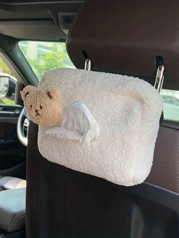 Boîte à mouchoirs en peluche ours de dessin animé pour voiture, boîte de rangement créative et mignonne à suspendre sur l'accoudoir ou le de siège de voiture pour serviettes en papier.