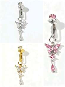 1件不锈钢材质，镶嵌AAA+级闪亮锆石，蝴蝶/心形/星形/蛇形装饰夹式肚脐饰品，适合女性日常佩戴、派对和节日礼物