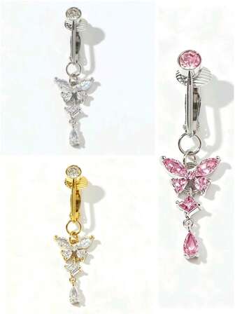 1件不锈钢材质，镶嵌AAA+级闪亮锆石，蝴蝶/心形/星形/蛇形装饰夹式肚脐饰品，适合女性日常佩戴、派对和节日礼物