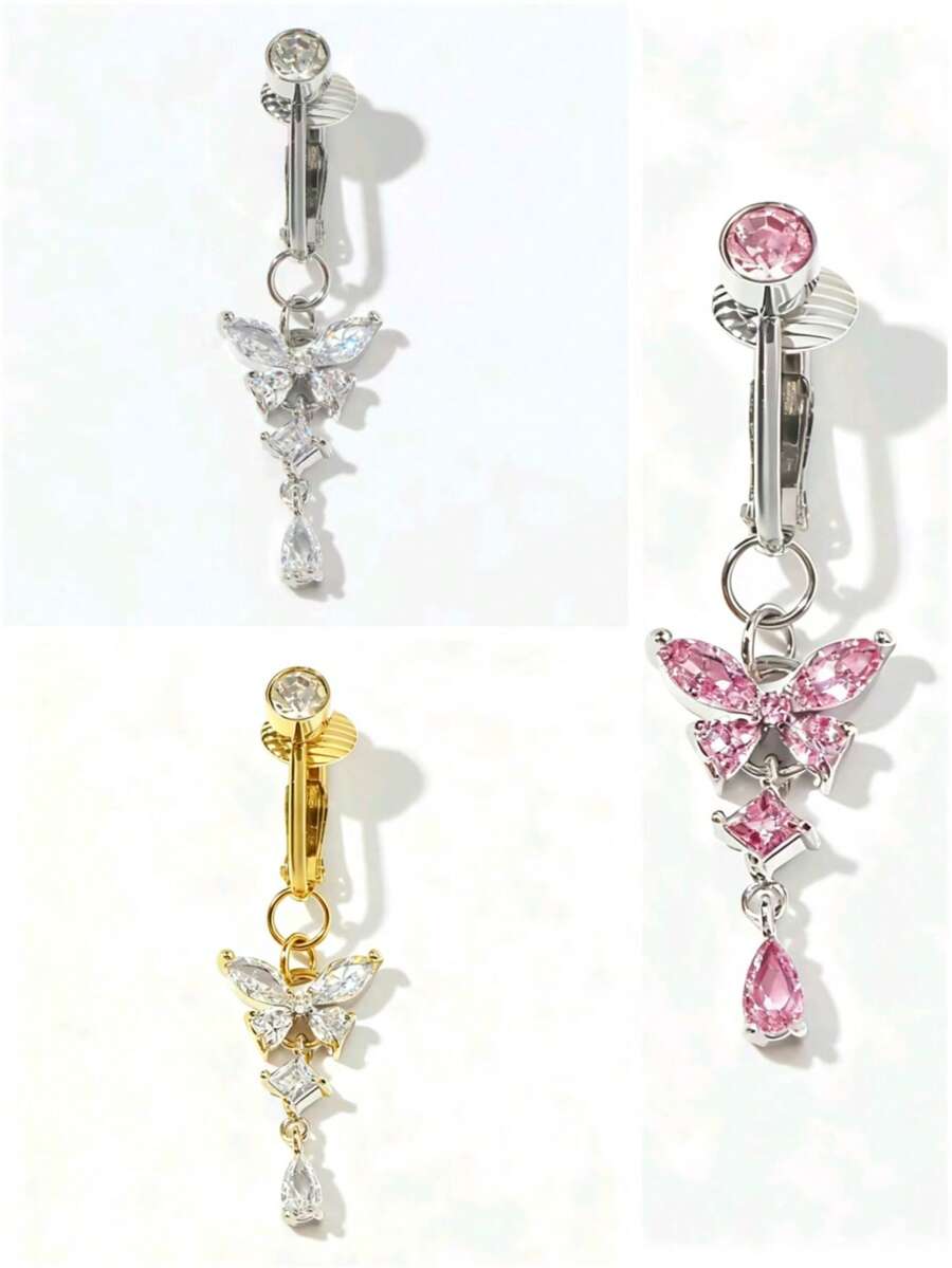 1件不锈钢材质，镶嵌AAA+级闪亮锆石，蝴蝶/心形/星形/蛇形装饰夹式肚脐饰品，适合女性日常佩戴、派对和节日礼物