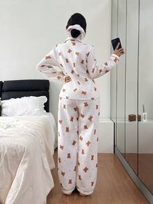 2 piezas Conjunto de pijama de invierno para mujer, top de manga larga grueso y pantalones con lindo diseño de oso, traje de ropa de dormir y de estar en casa - Albaricoque - Ver 2