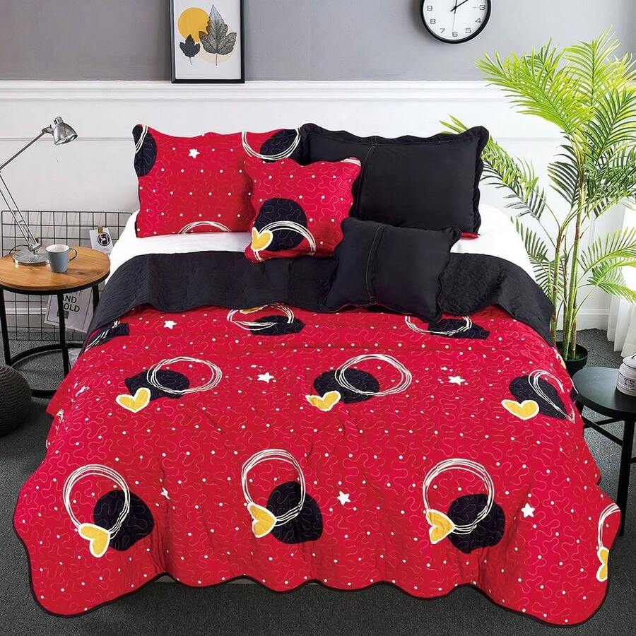 Set Colcha de Doble Vista con Fundas de Almohada y Fundas de Cojin (5pz en Total) Sobrecama Térmica Reversible de Alta Calidad con Fundas sin Relleno - Negro - Ver 1