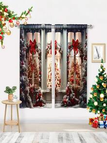 2PCS Christmas-Themed Brushed Fabric Digital Print Curtains, Retro Gorgeous Style Design With Red Bow Snow Pine Forest Window Scene, Rod Pocket Installation, Semi-Transparent Polyester Fiber Material, Suitable For Living Room, Kitchen, Bedroom, Dining Room, Filling Your Home With Festive Atmosphere