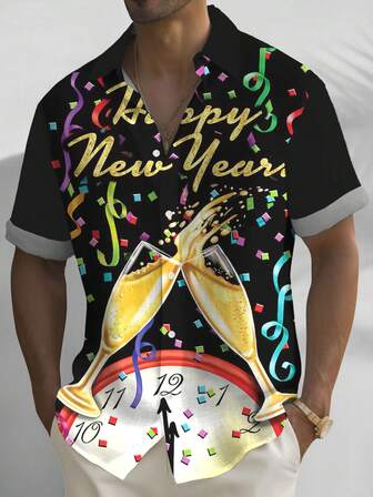 Chemise à manches courtes pour hommes avec imprimé de célébration de Noël et du Nouvel An, avec poche et boutons