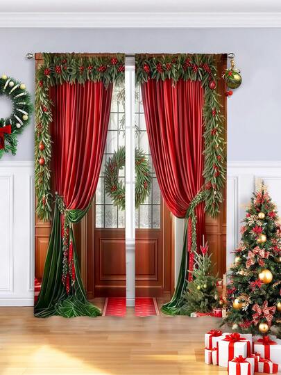 2PCS Christmas-Themed Brushed Fabric Digital Print Curtains, Luxurious Retro Style Design With Red And Green Curtains, Christmas Wreath And Wooden Door, Rod Pocket Installation, Semi-Transparent Polyester Fiber Material, Suitable For Living Room, Kitchen, Bedroom, Dining Room, Filling Your Home With Festive Atmosphere