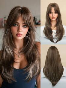 Elegant-24 Inch Layered Brown Highlights Wigs For Women,Long Straight Wigs With Curtain Bangs, High Density Fluffy Synthetic Heat Resistant Fiber Hair Wig For Daily Party Wear, Music Festival Party Use - 挑染棕色 - 查看 5