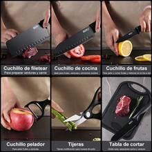 Juego de cuchillos de cocina de acero inoxidable de 7 piezas, que incluye cuchillo de cocina de acero inoxidable, cuchillo cepillador, soporte para cuchillos, tabla de cortar/juego de cuchillos de chef de cocina profesional, tabla de cortar/juego de cuchillos de cocina profesional, que incluye cuchillo de chef, cuchillo de fruta, cuchillo para pelar, apto para lavavajillas, juego completo de cuchillos de cocina, regalo perfecto, adecuado para el hogar, adecuado para hoteles, hogares - Negro - Ver 7
