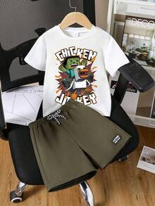Young Boy Cartoon Print Short Sleeve T-Shirt And Shorts Set - White - View 1