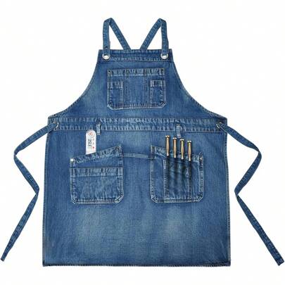 Denim Apron With Pockets Adjustable Cooking Apron Jean Apron With Multi Pockets For Kitchen Cooking BBQ Gardening, One Size