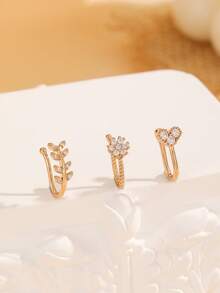 Hihho 3 件/套 流行水钻叶子和心形装饰鼻套 铜色 简约时尚 适合女士和女孩 情人节