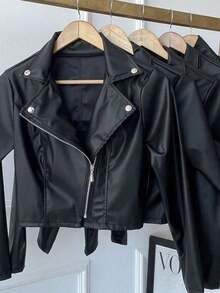 Women's Leather Jacket With Zipper, Elegant Winter Style - 黑色 - 查看 4