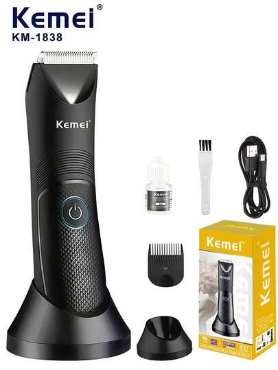 Kemei KM-1838 男士体毛修剪器 - 电动剃须刀、电动阴毛修剪器、陶瓷刀片、USB充电式电动剃须刀、男士礼物、圣诞礼物（按住3秒开机）