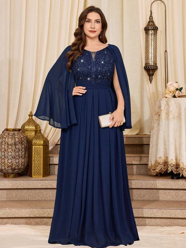 Plus Elegant Deep V-Neck Sequin Floral Lace Contrast Cape Sleeve Pleated Hem Chiffon Prom Formal Party Long Dress, Wedding Guest Dress, For Formal Events, Graduation, Dinner