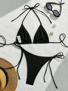 夏季黑色水钻装饰比基尼两件套，修身高弹面料，性感沙滩度假泳装 - 黑色 - 查看 3