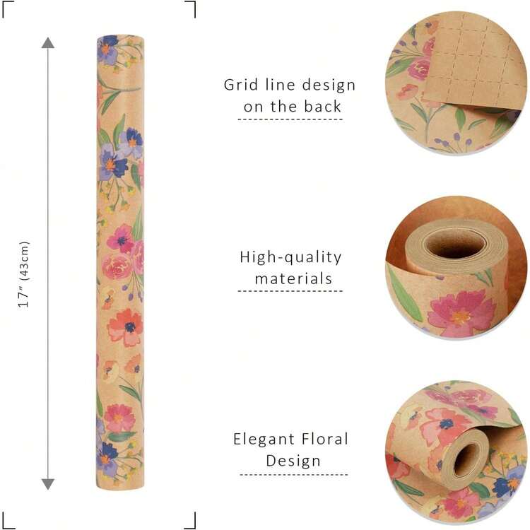 Reversible Floral Wrapping Paper Roll - 17 Inches X 33 Feet (47 Sq. Ft. Ttl.) Pink Watercolor Roses Design Flower Gift Wrap For Wedding, Bridal Shower, Mother's Day - Kraft Boho Rose - View 7