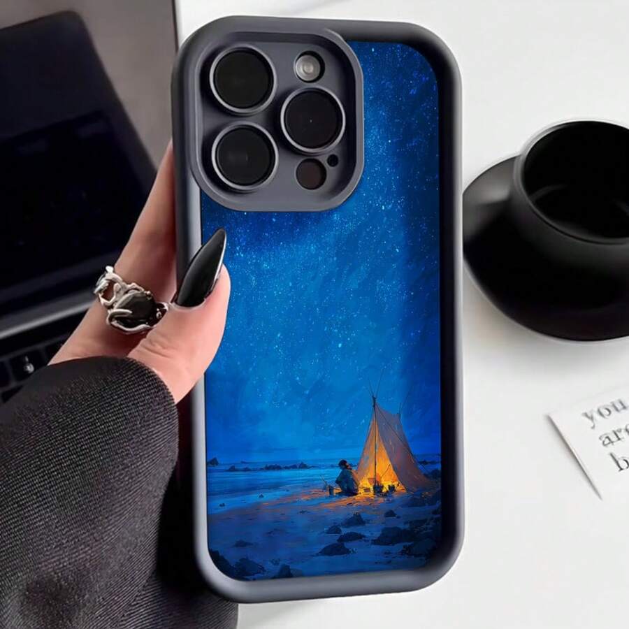 Cubierta de teléfono con borde negro azul estrellado con tienda de campaña iluminada en la playa para uso diario y viajes - Blanco - Ver 1