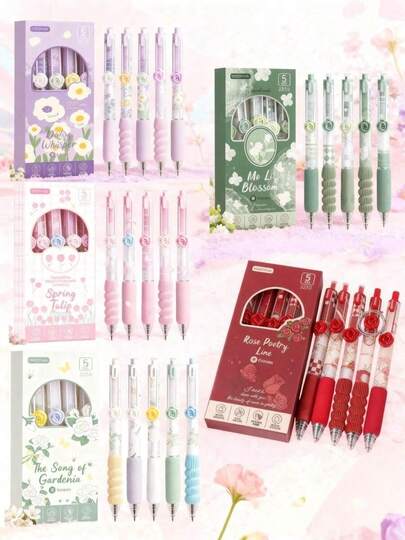 5pcs Mobile Rose Gel Pens, Flower Series Soft Grip Black Pens, Black Ink Pressure-Sensitive Pens, Smooth 0. 5mm Retractable Black Ink Pens, Cute Back To School Gel Pens, Ballpoint Pens, Writing Stationery Gel Pens, Teen And Adult Home Classroom And Office Writing Pens