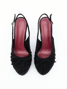Women's Fashion Black Faux Suede High Heel Shoes, Round Toe Chunky Heel Sexy Strap Ruffle Design, Party Occasion Thick Heels - Black - View 2