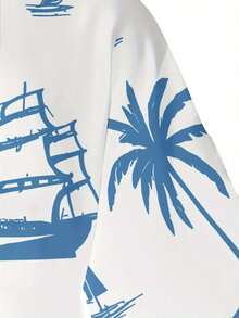 Camiseta de algodón sintético transpirable de verano para hombre Conjunto de dos piezas Camiseta de manga corta con estampado de palmeras y pantalones cortos con cordón de ajuste - Celeste - Ver 5